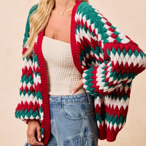 BIBI Christmas Chunky Knit Red Green White Cardigan - Picture 4 of 14
